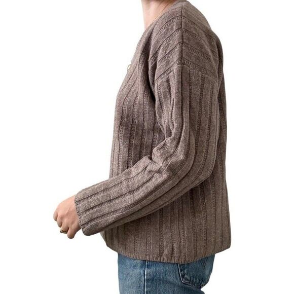 Vintage J Crew Womens Tan Brown Ribbed 100% Wool V Neck Cropped Sweater Sz L - Picture 6 of 8